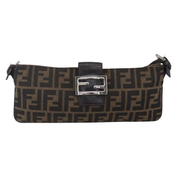 FENDI Zucca Canvas Mamma Baguette Shoulder Bag Black Brown Silver Auth ep11066