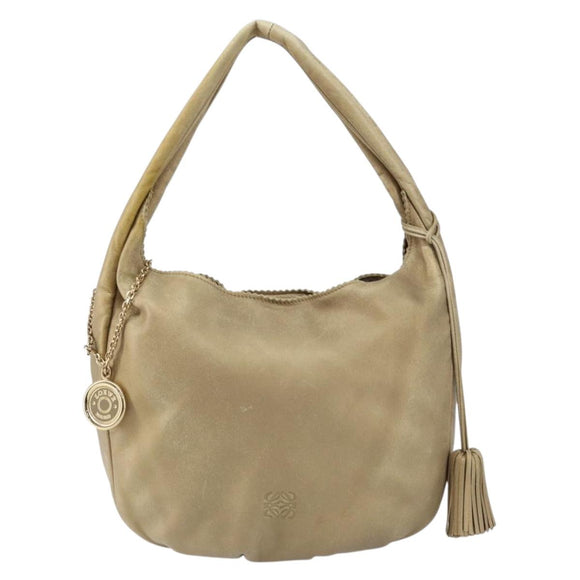LOEWE Shoulder Bag Leather Beige Gold Auth ep11142
