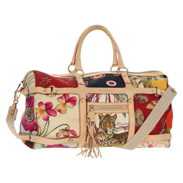 Salvatore Ferragamo Gancini Animal Boston Bag Nylon Leather Beige Auth ep11228