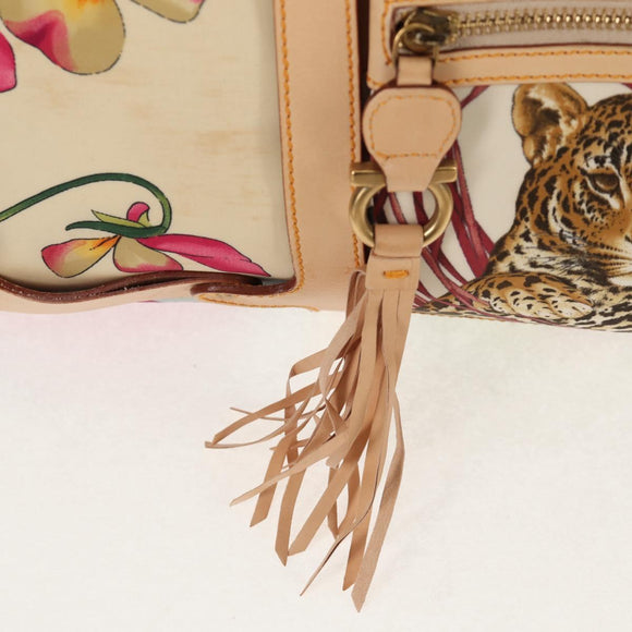 Salvatore Ferragamo Gancini Animal Boston Bag Nylon Leather Beige Auth ep11228