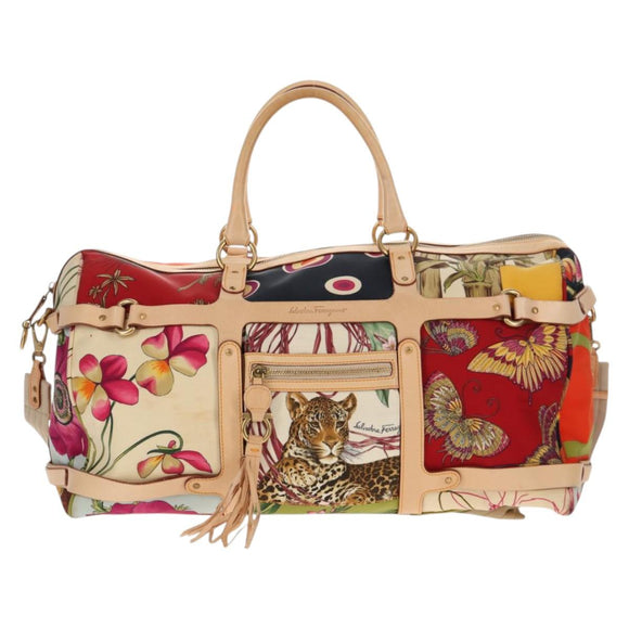 Salvatore Ferragamo Gancini Animal Boston Bag Nylon Leather Beige Auth ep11228