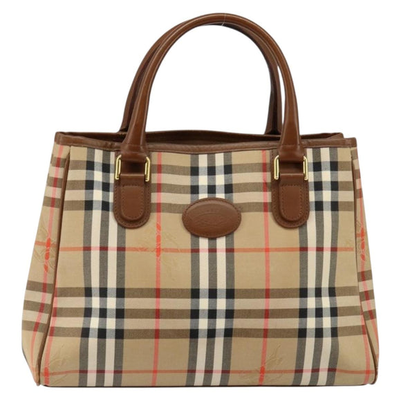Burberrys Nova Check Hand Bag Canvas Gold Beige Auth ep11255