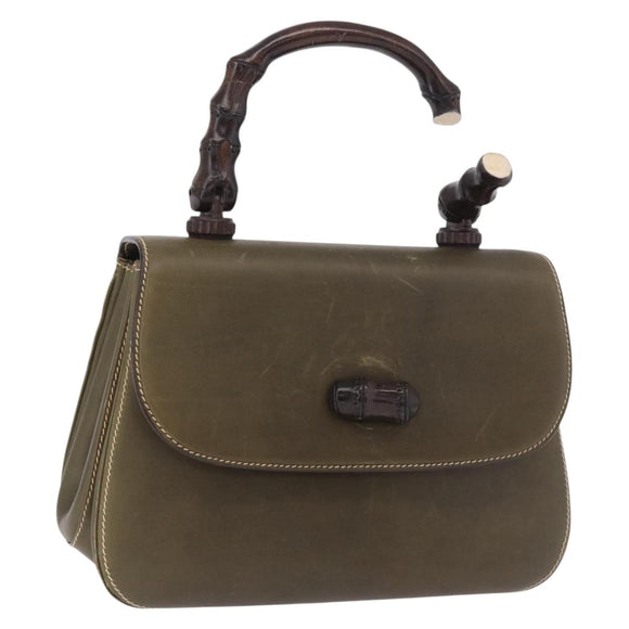 GUCCI Bamboo Hand Bag Leather Khaki Gold Auth ep11339