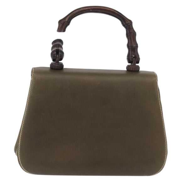 GUCCI Bamboo Hand Bag Leather Khaki Gold Auth ep11339