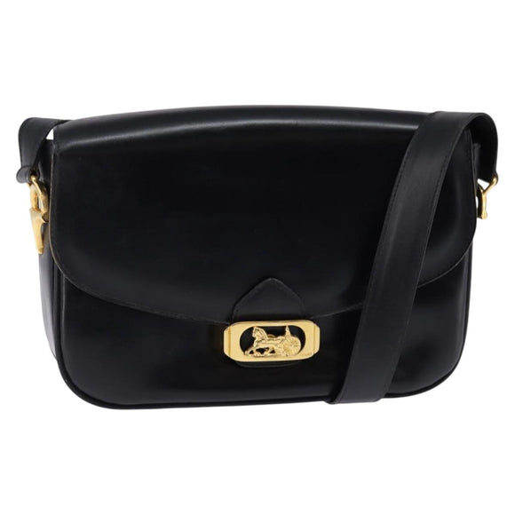 CELINE Horse Carriage Shoulder Bag Leather Black Gold Auth ep11350