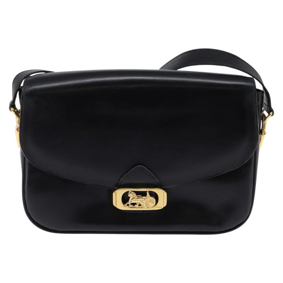 CELINE Horse Carriage Shoulder Bag Leather Black Gold Auth ep11350