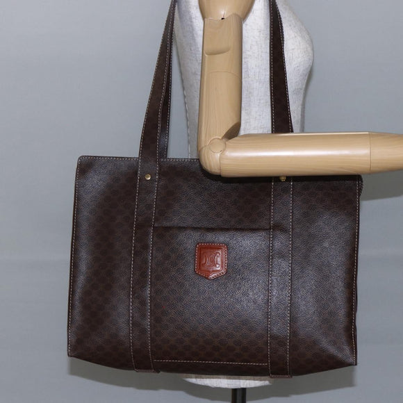 CELINE Macadam Canvas Tote Bag PVC Leather Brown Gold Auth ep11358