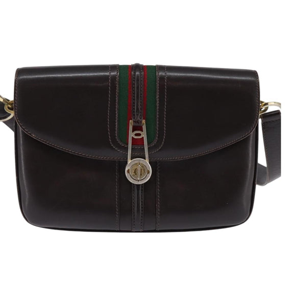 GUCCI Web Sherry Line Shoulder Bag Leather Dark Brown Gold Red Auth ep11429