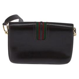 GUCCI Web Sherry Line Shoulder Bag Leather Dark Brown Gold Red Auth ep11429 - 0