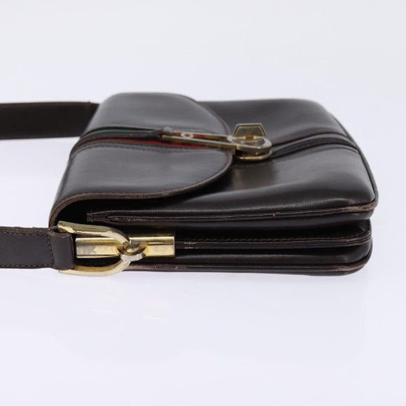 GUCCI Web Sherry Line Shoulder Bag Leather Dark Brown Gold Red Auth ep11429