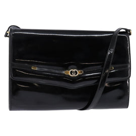 GUCCI Shoulder Bag Enamel Black Gold Auth ep11444