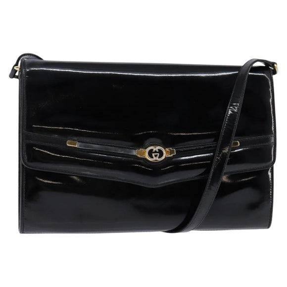 GUCCI Shoulder Bag Enamel Black Gold Auth ep11444