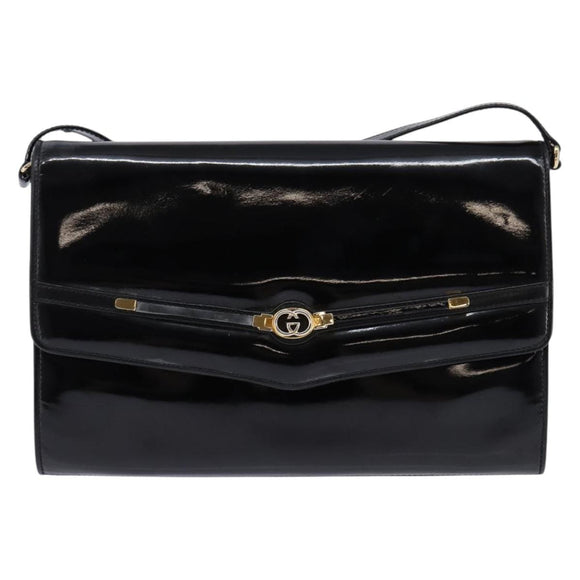 GUCCI Shoulder Bag Enamel Black Gold Auth ep11444
