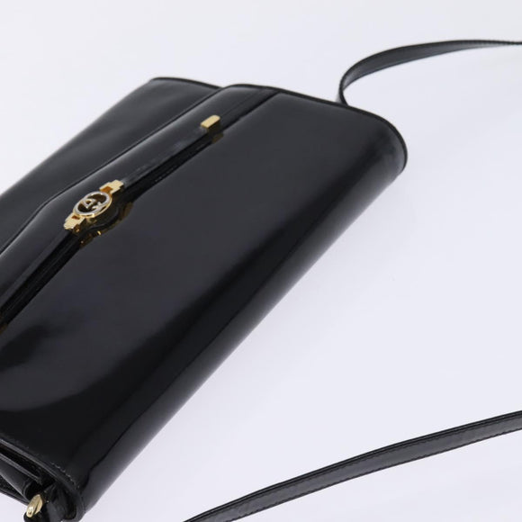 GUCCI Shoulder Bag Enamel Black Gold Auth ep11444