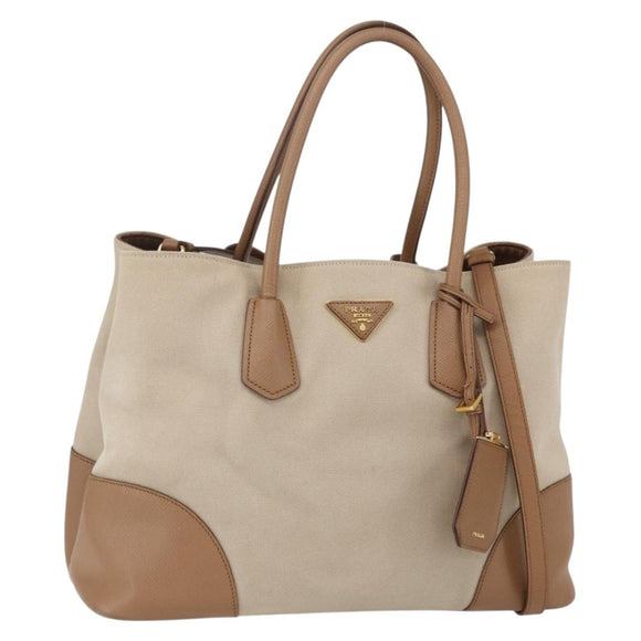 PRADA Tote Bag Canvas 2way Beige Gold Auth ep11445
