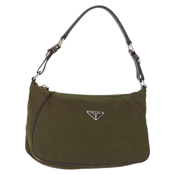 PRADA Shoulder Bag Nylon Leather Khaki Silver Auth ep11456