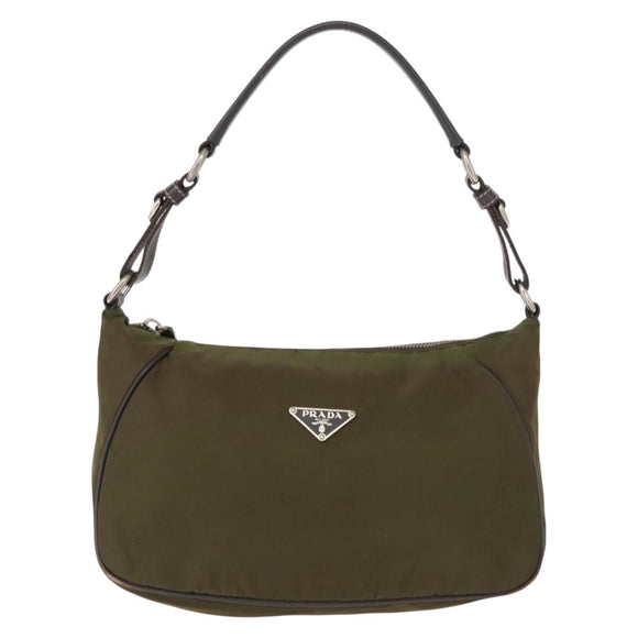 PRADA Shoulder Bag Nylon Leather Khaki Silver Auth ep11456