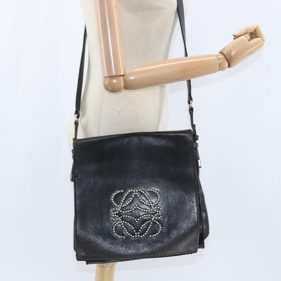 LOEWE Anagram Shoulder Bag Leather Black Gold Auth ep11472