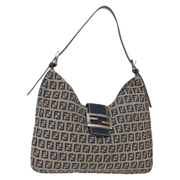 FENDI Zucchino Canvas Mamma Baguette Tote Bag Navy Silver Auth ep11475