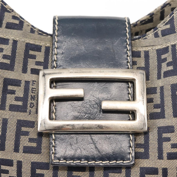 FENDI Zucchino Canvas Mamma Baguette Tote Bag Navy Silver Auth ep11475
