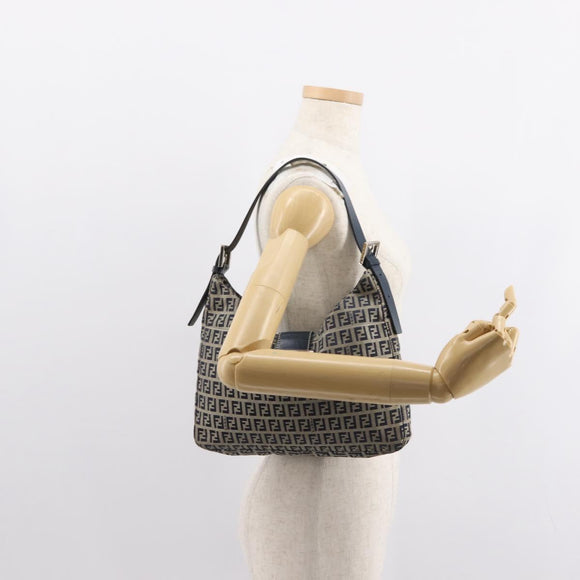 FENDI Zucchino Canvas Mamma Baguette Tote Bag Navy Silver Auth ep11475