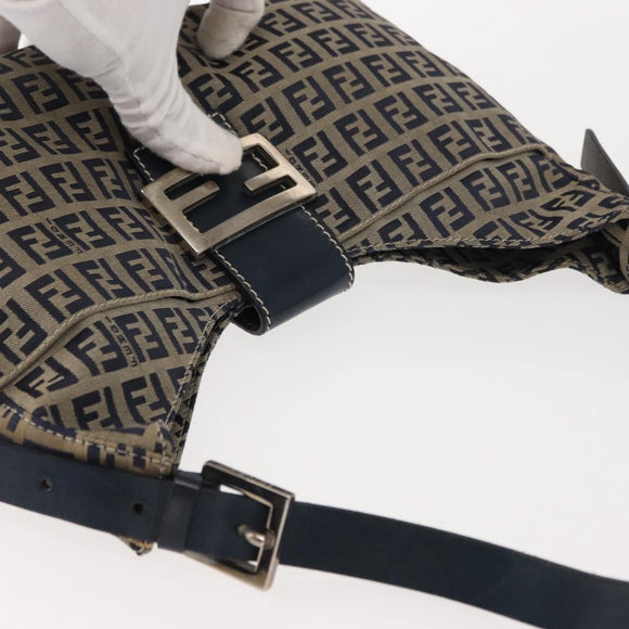 FENDI Zucchino Canvas Mamma Baguette Tote Bag Navy Silver Auth ep11475