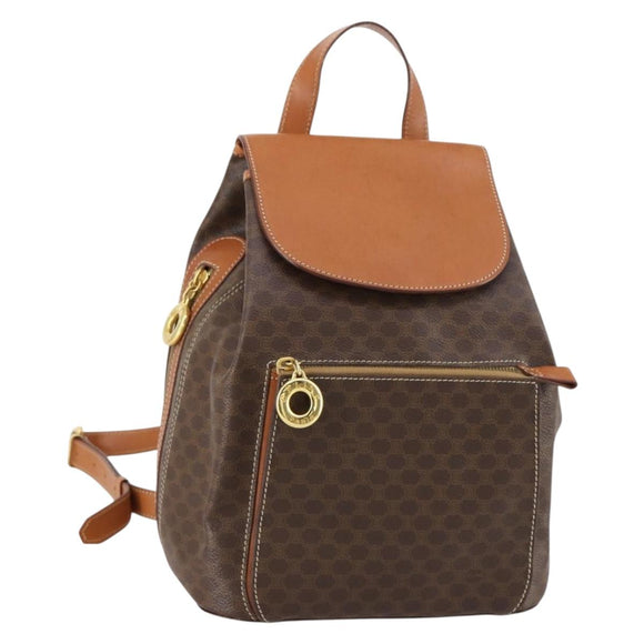 CELINE Macadam Canvas Backpack PVC Leather Brown Gold Auth ep11505