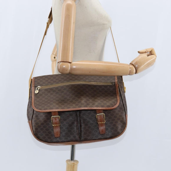 CELINE Macadam Canvas Shoulder Bag PVC Leather Brown Gold Auth ep11523