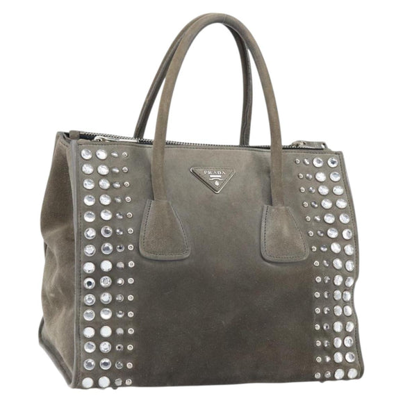 PRADA Studs Hand Bag Suede 2way Gray Silver Auth ep11562