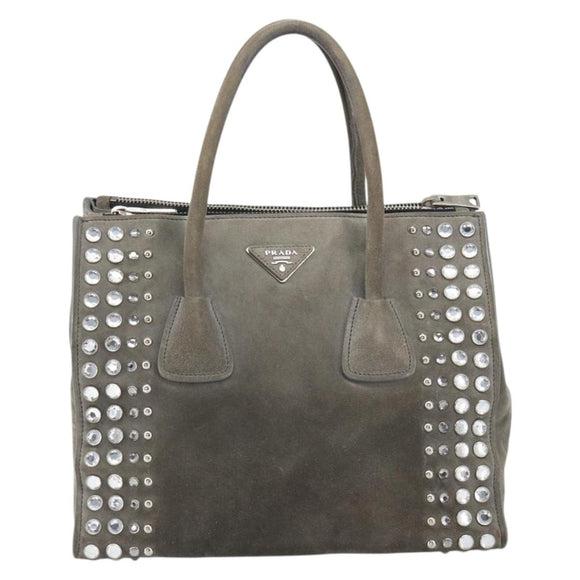 PRADA Studs Hand Bag Suede 2way Gray Silver Auth ep11562