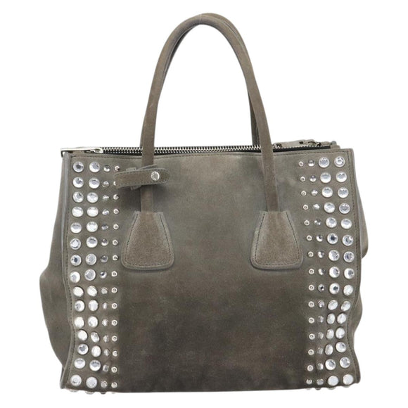 PRADA Studs Hand Bag Suede 2way Gray Silver Auth ep11562
