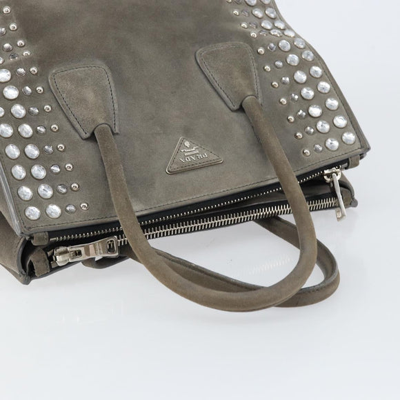 PRADA Studs Hand Bag Suede 2way Gray Silver Auth ep11562