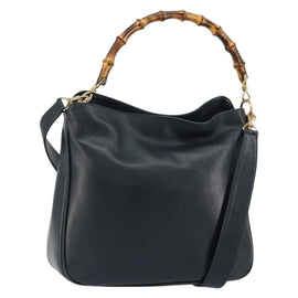 GUCCI Bamboo Hand Bag Leather 2way Navy Gold 001 1705 1638 Auth ep11570