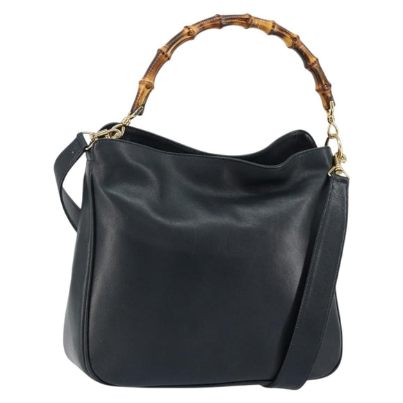 GUCCI Bamboo Hand Bag Leather 2way Navy Gold 001 1705 1638 Auth ep11570