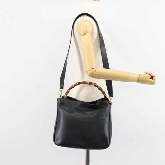 GUCCI Bamboo Hand Bag Leather 2way Navy Gold 001 1705 1638 Auth ep11570