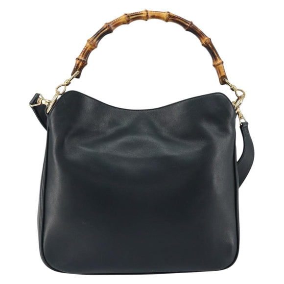 GUCCI Bamboo Hand Bag Leather 2way Navy Gold 001 1705 1638 Auth ep11570