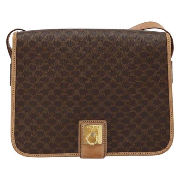 CELINE Macadam Canvas Shoulder Bag PVC Brown Gold Auth ep11596