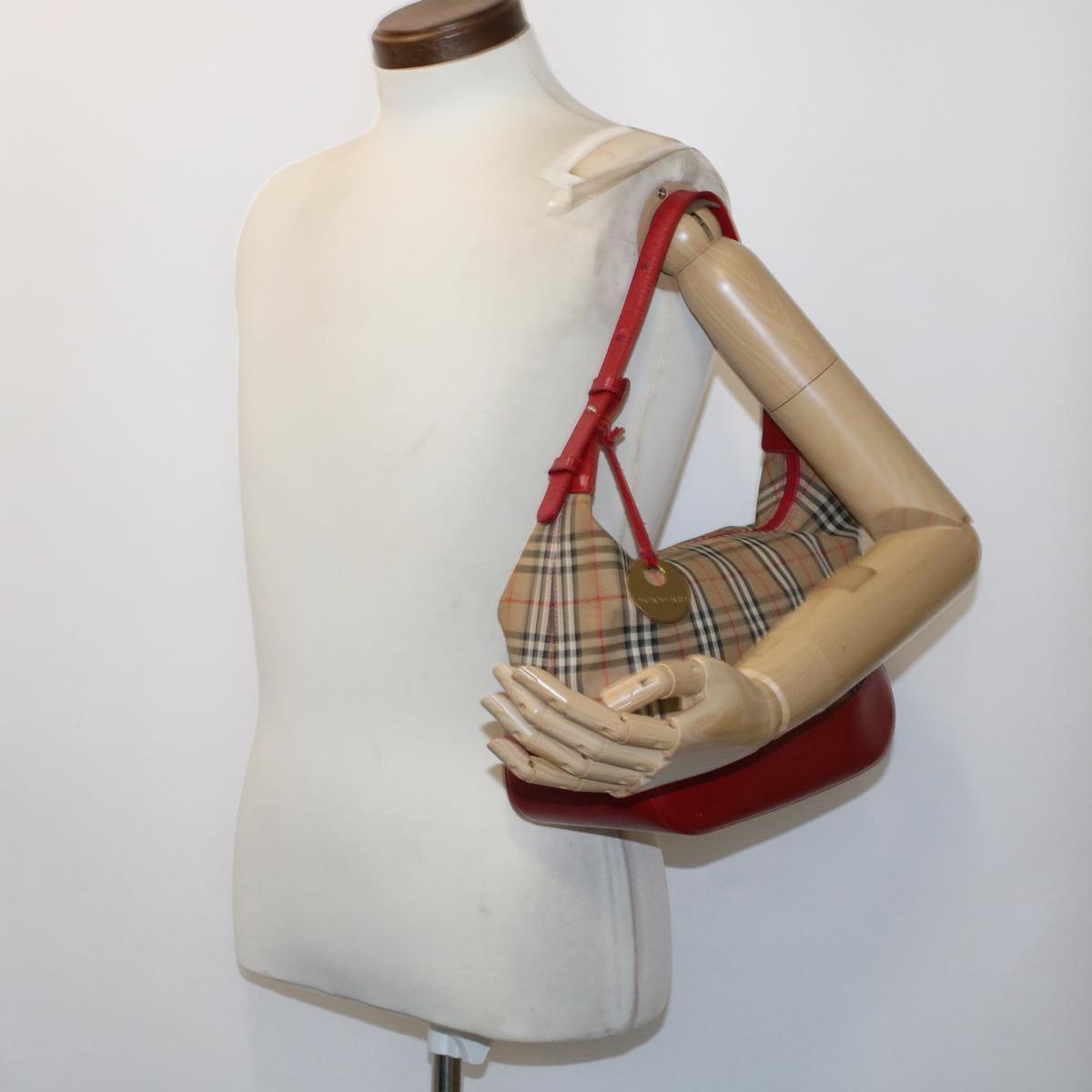 BURBERRY Nova Check Shoulder Bag Canvas Leather Beige Red Auth ep1162