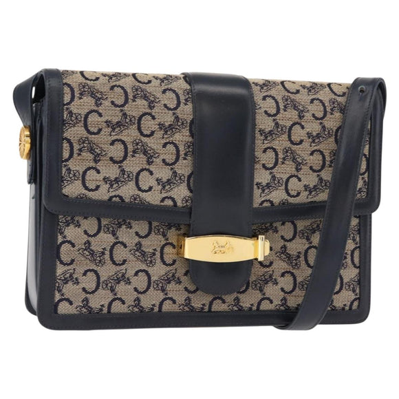 CELINE C Sulky Shoulder Bag Canvas Leather Navy Gold Auth ep11628