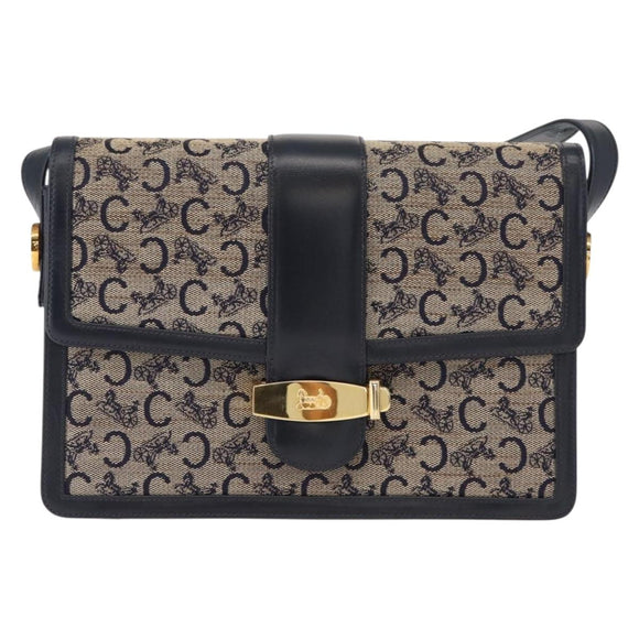 CELINE C Sulky Shoulder Bag Canvas Leather Navy Gold Auth ep11628