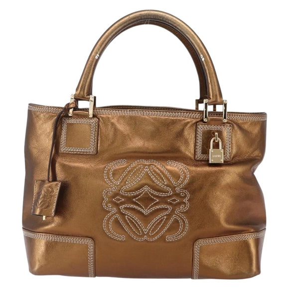 LOEWE Anagram Americana 28 Hand Bag Leather Bronze Gold Auth ep11653