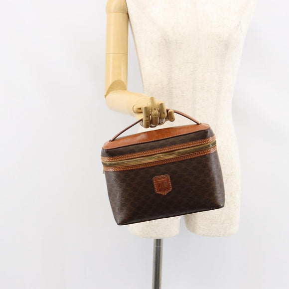 CELINE Macadam Canvas Vanity Pouch PVC Leather Brown Gold Auth ep11672