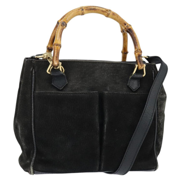 GUCCI Bamboo Hand Bag Leather Black Gold 000 1046 0290 Auth ep11684