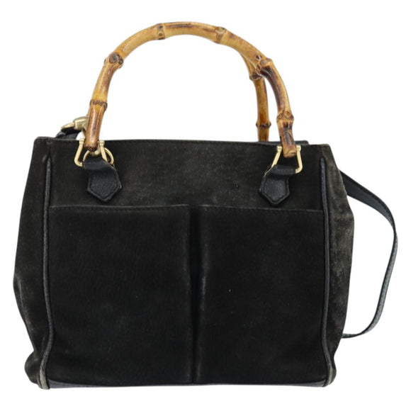 GUCCI Bamboo Hand Bag Leather Black Gold 000 1046 0290 Auth ep11684