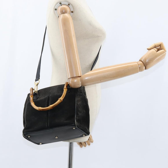 GUCCI Bamboo Hand Bag Leather Black Gold 000 1046 0290 Auth ep11684