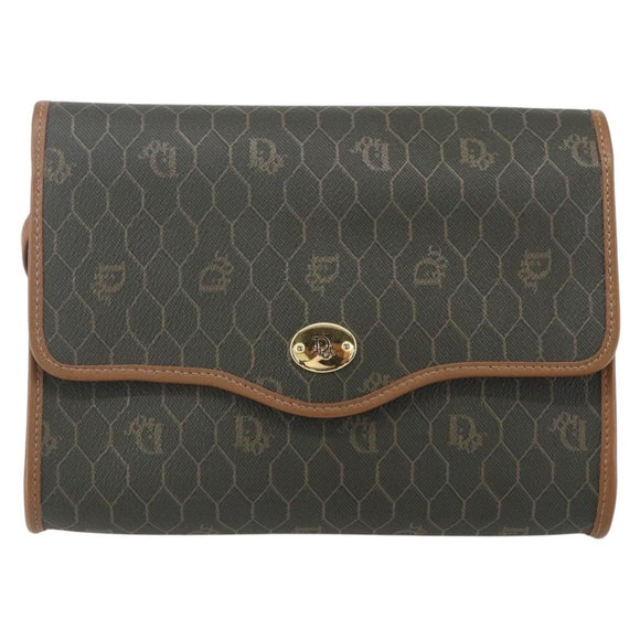 Christian Dior Honeycomb Canvas Shoulder Bag PVC Khaki Gold Auth ep11695