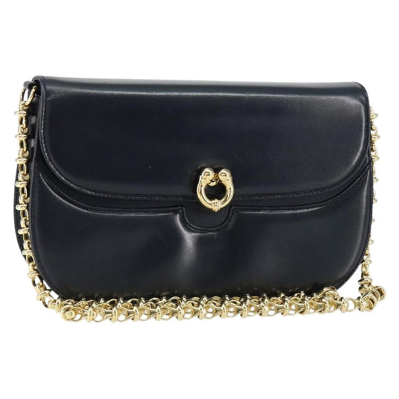 GUCCI Chain Shoulder Bag Leather Navy Gold Auth ep11717