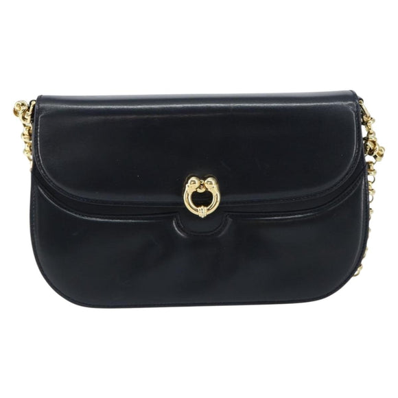 GUCCI Chain Shoulder Bag Leather Navy Gold Auth ep11717