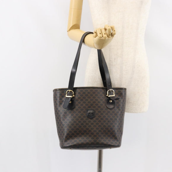 CELINE Macadam Canvas Tote Bag PVC Leather Black Gold Auth ep11721