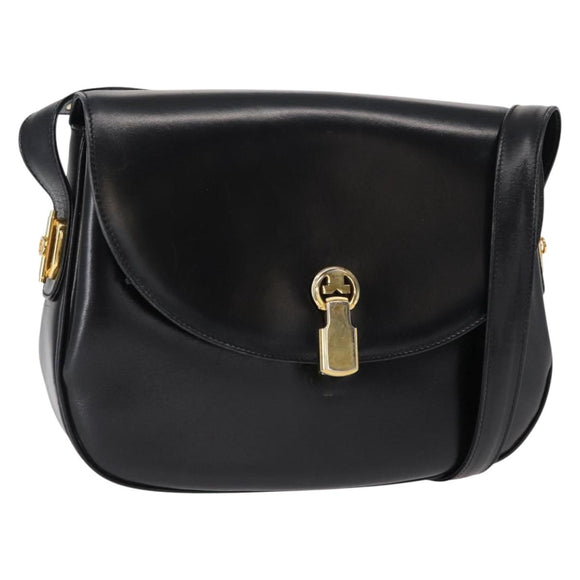 GUCCI Shoulder Bag Leather Black Gold Auth ep11734